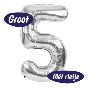 Folieballon Cijfer 5 – Zilver – 70cm – Incl. Opblaasrietje – Verjaardag Versiering
