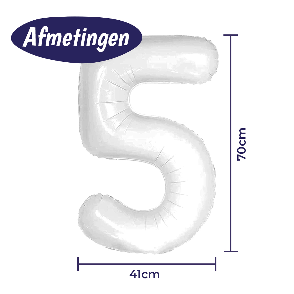 Folieballon Cijfer 5 – Wit – 70cm - Afbeelding 3