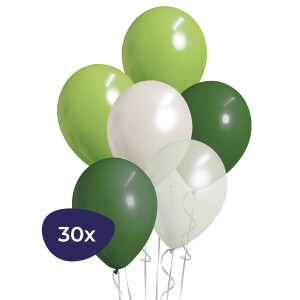 Jungle Ballonnen Mix – Donkergroen, Appel Groen, Metallic Wit & Transparant – 30 Stuks