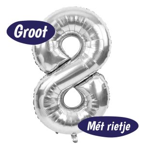Folieballon Cijfer 8 – Zilver – 70cm – Incl. Opblaasrietje – Verjaardag Versiering