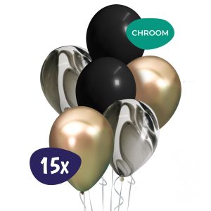 Mix Marmer Zwart met Chrome Gouden Ballonnen – 15 St